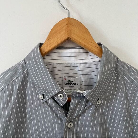 Lacoste Devanlay Grey White Pinstripe Slim Fit Cotton Long Sleeve Dress Shirt - Picture 9 of 9